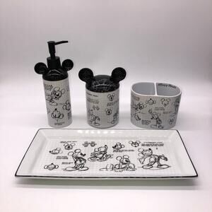 4 pc Disney Mickey Mouse sketchbook bathroom Tray Toothbrush holder Lotion Pump